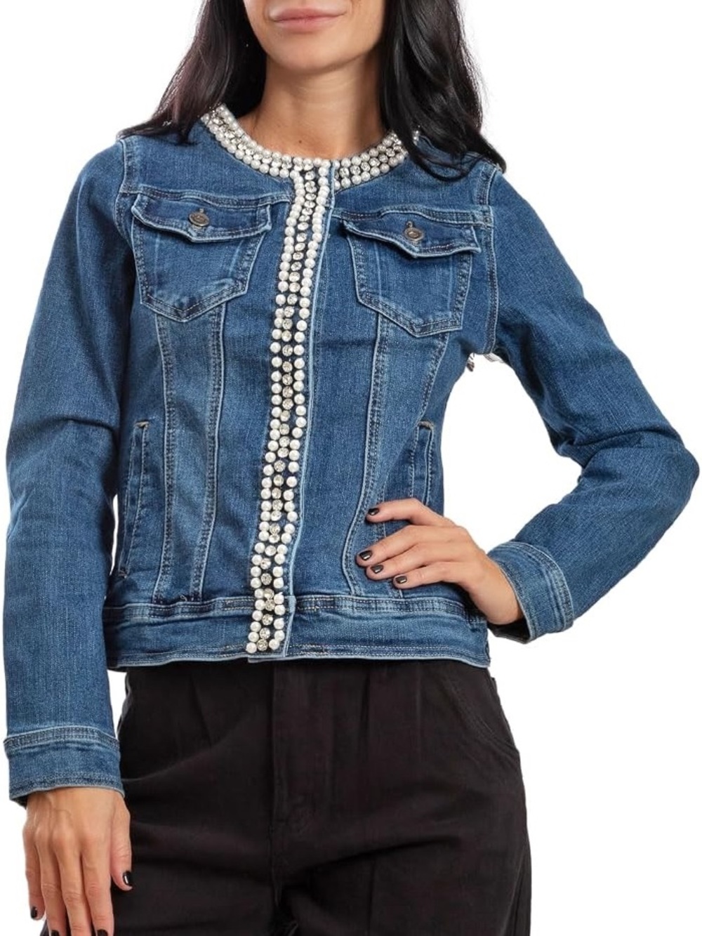 FDJ Embellished Dark Blue Denim Jacket with Pearl Trim